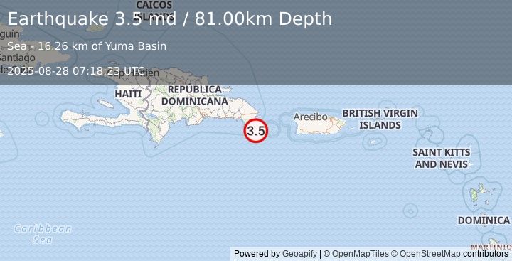 Earthquake DOMINICAN REPUBLIC REGION (3.5 md) (2025-08-28 07:18:23 UTC)