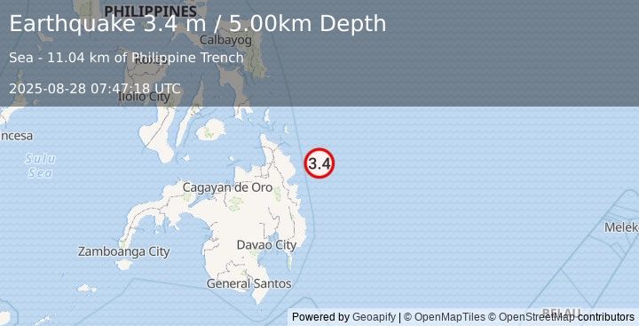 Earthquake MINDANAO, PHILIPPINES (3.4 m) (2025-08-28 07:47:18 UTC)