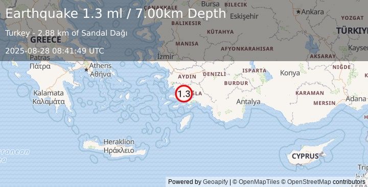 Earthquake WESTERN TURKEY (1.3 ml) (2025-08-28 08:41:49 UTC)