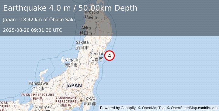 Earthquake NEAR EAST COAST OF HONSHU, JAPAN (4.0 m) (2025-08-28 09:31:30 UTC)