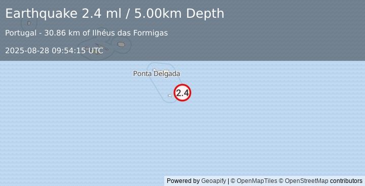 Earthquake AZORES ISLANDS REGION (2.4 ml) (2025-08-28 09:54:15 UTC)