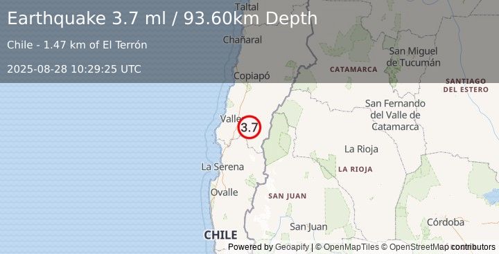 Earthquake ATACAMA, CHILE (3.9 ml) (2025-08-28 10:29:24 UTC)