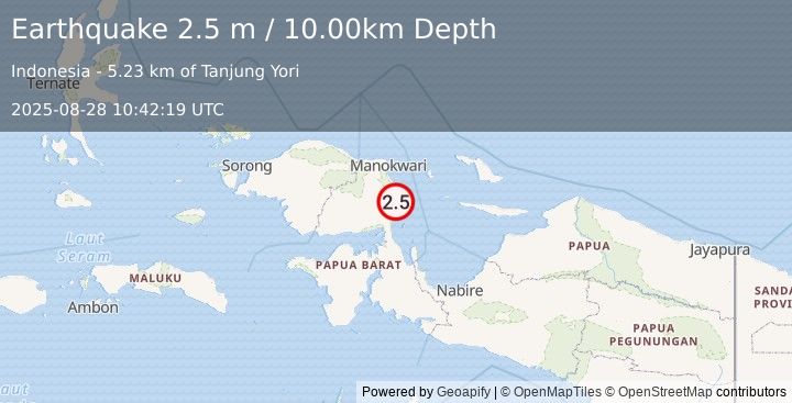 Earthquake NEAR N COAST OF PAPUA, INDONESIA (2.5 m) (2025-08-28 10:42:19 UTC)