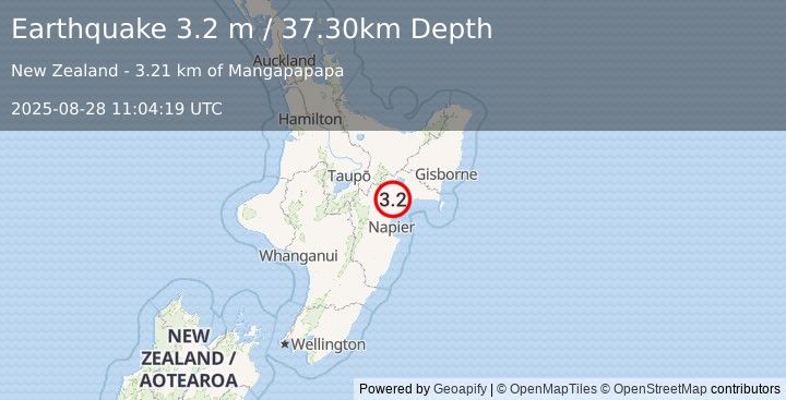 Earthquake NORTH ISLAND OF NEW ZEALAND (3.2 m) (2025-08-28 11:04:19 UTC)