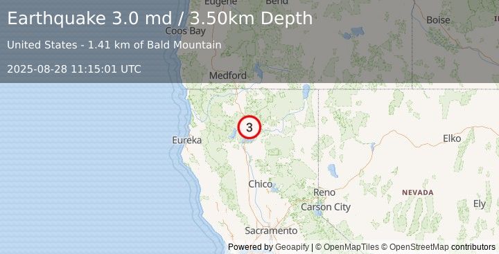 Earthquake NORTHERN CALIFORNIA (3.0 md) (2025-08-28 11:15:01 UTC)