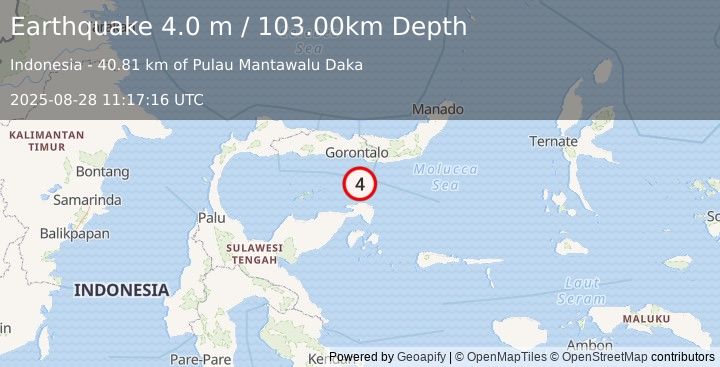 Earthquake SULAWESI, INDONESIA (4.0 m) (2025-08-28 11:17:16 UTC)