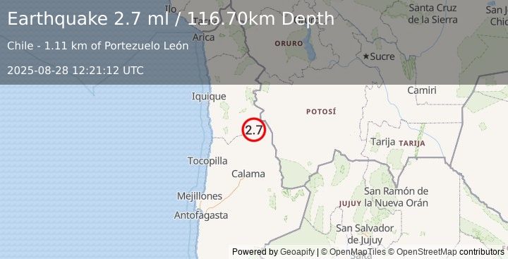 Earthquake ANTOFAGASTA, CHILE (2.7 ml) (2025-08-28 12:21:12 UTC)