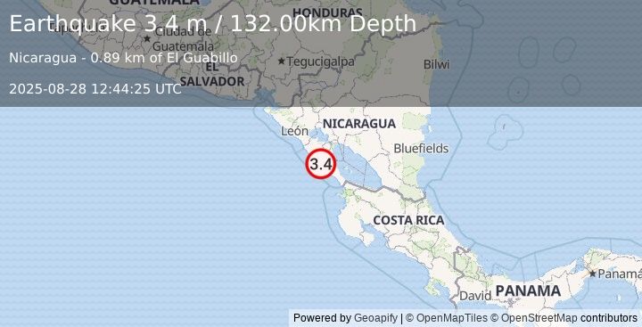 Earthquake NEAR COAST OF NICARAGUA (3.4 m) (2025-08-28 12:44:25 UTC)