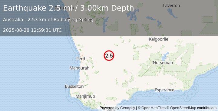 Earthquake WESTERN AUSTRALIA (2.5 ml) (2025-08-28 12:59:31 UTC)
