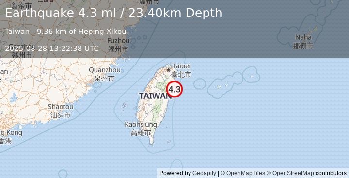Earthquake TAIWAN (4.3 ml) (2025-08-28 13:22:38 UTC)