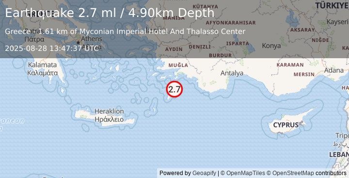 Earthquake DODECANESE IS.-TURKEY BORDER REG (2.7 ml) (2025-08-28 13:47:37 UTC)