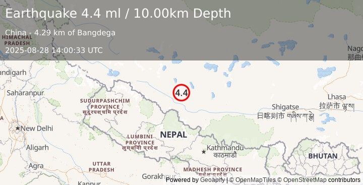 Earthquake WESTERN XIZANG (4.4 m) (2025-08-28 14:00:35 UTC)