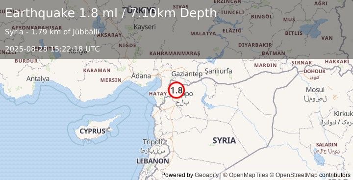 Earthquake TURKEY-SYRIA BORDER REGION (1.8 ml) (2025-08-28 15:22:18 UTC)