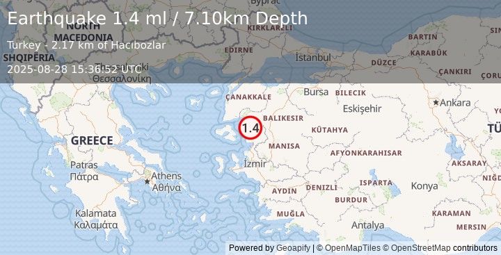Earthquake NEAR THE COAST OF WESTERN TURKEY (1.4 ml) (2025-08-28 15:36:52 UTC)