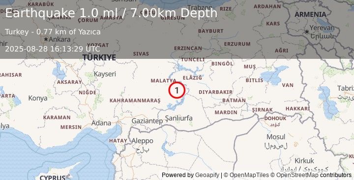 Earthquake EASTERN TURKEY (1.0 ml) (2025-08-28 16:13:29 UTC)