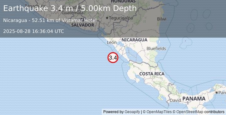 Earthquake NEAR COAST OF NICARAGUA (3.6 m) (2025-08-28 16:36:00 UTC)