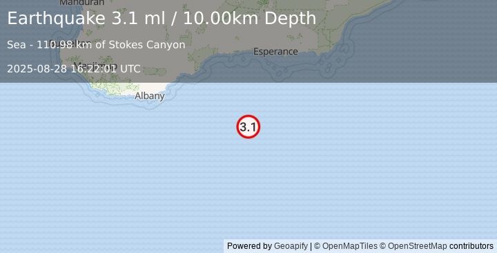 Earthquake OFF SOUTH COAST OF AUSTRALIA (3.1 ml) (2025-08-28 16:22:01 UTC)