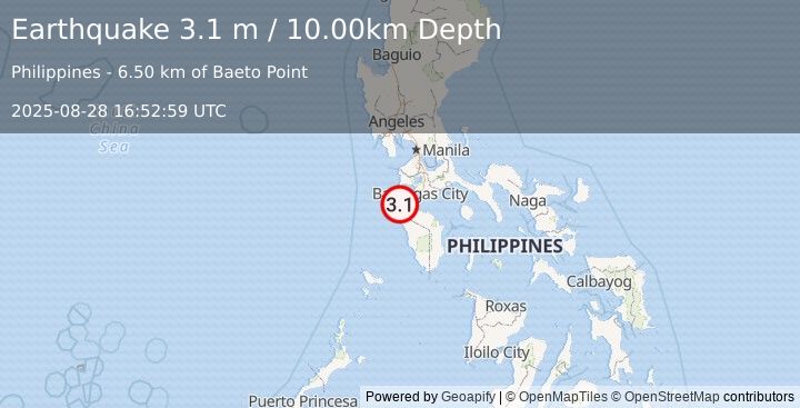 Earthquake MINDORO, PHILIPPINES (3.1 m) (2025-08-28 16:52:59 UTC)