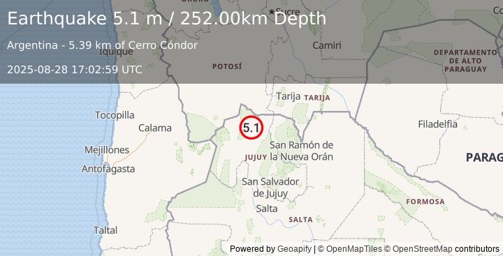 Earthquake JUJUY, ARGENTINA (4.9 m) (2025-08-28 17:02:58 UTC)