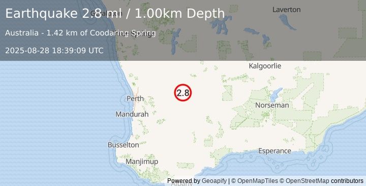Earthquake WESTERN AUSTRALIA (2.8 ml) (2025-08-28 18:39:09 UTC)