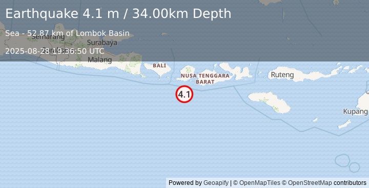 Earthquake LOMBOK REGION, INDONESIA (4.1 m) (2025-08-28 19:36:50 UTC)