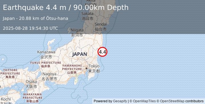 Earthquake NEAR EAST COAST OF HONSHU, JAPAN (4.4 m) (2025-08-28 19:54:30 UTC)