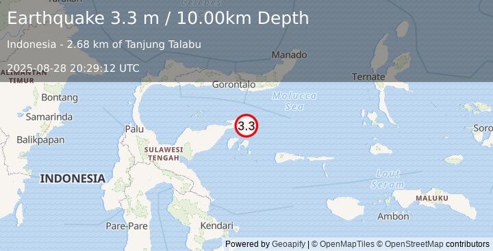 Earthquake SULAWESI, INDONESIA (3.3 m) (2025-08-28 20:29:12 UTC)