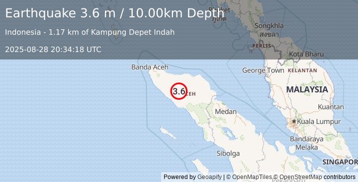 Earthquake NORTHERN SUMATRA, INDONESIA (3.6 m) (2025-08-28 20:34:18 UTC)