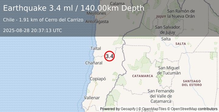 Earthquake ATACAMA, CHILE (3.4 ml) (2025-08-28 20:37:13 UTC)