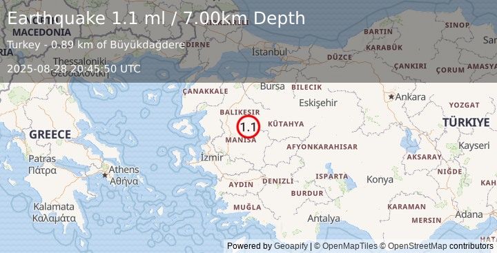 Earthquake WESTERN TURKEY (1.1 ml) (2025-08-28 20:45:50 UTC)