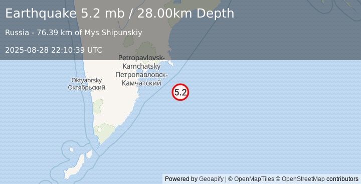 Earthquake OFF EAST COAST OF KAMCHATKA (5.4 mb) (2025-08-28 22:10:35 UTC)