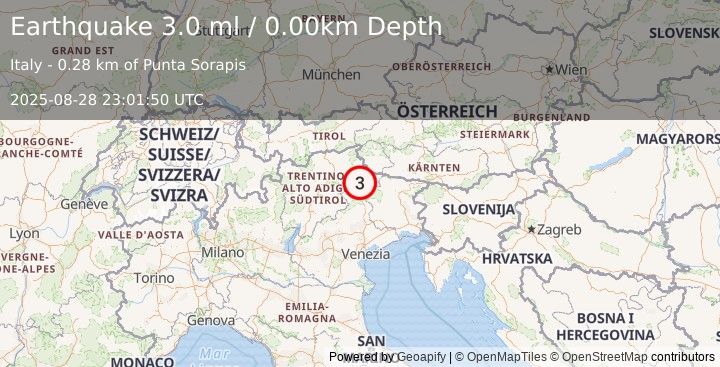 Earthquake NORTHERN ITALY (3.0 ml) (2025-08-28 23:01:50 UTC)
