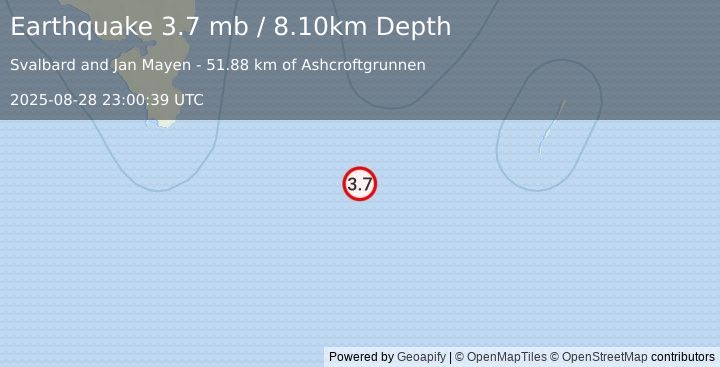 Earthquake SVALBARD REGION (3.7 mb) (2025-08-28 23:00:39 UTC)