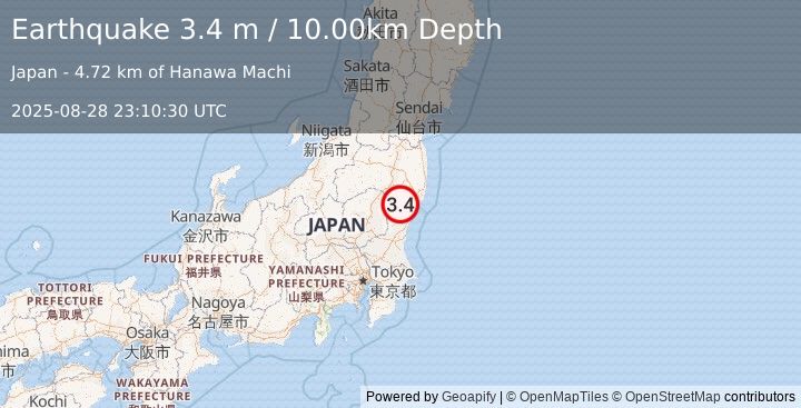 Earthquake NEAR EAST COAST OF HONSHU, JAPAN (3.4 m) (2025-08-28 23:10:30 UTC)