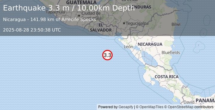 Earthquake OFF COAST OF CENTRAL AMERICA (3.3 m) (2025-08-28 23:50:38 UTC)