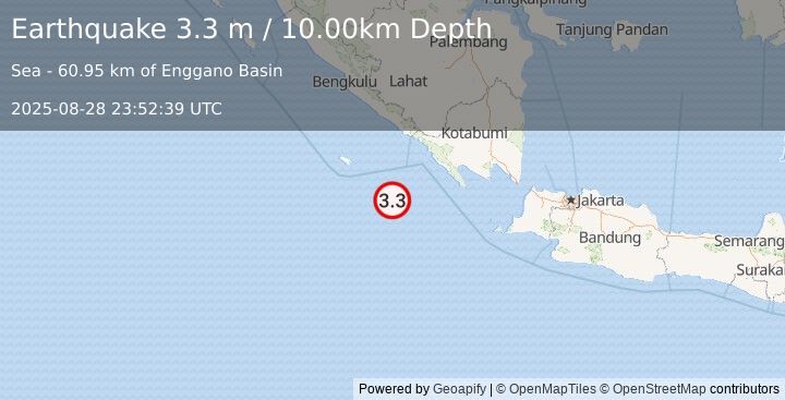 Earthquake SOUTHWEST OF SUMATRA, INDONESIA (3.3 m) (2025-08-28 23:52:39 UTC)