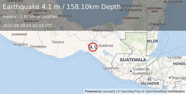 Earthquake CHIAPAS, MEXICO (4.1 m) (2025-08-29 00:01:19 UTC)