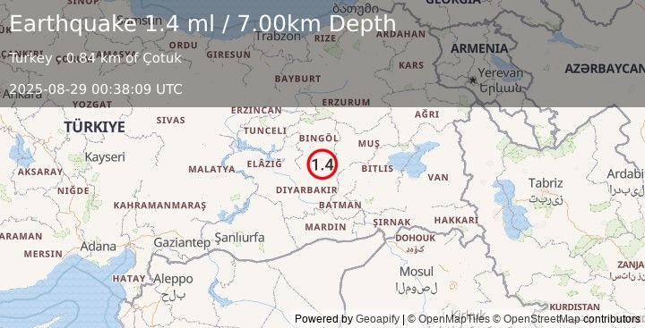 Earthquake EASTERN TURKEY (1.4 ml) (2025-08-29 00:38:09 UTC)
