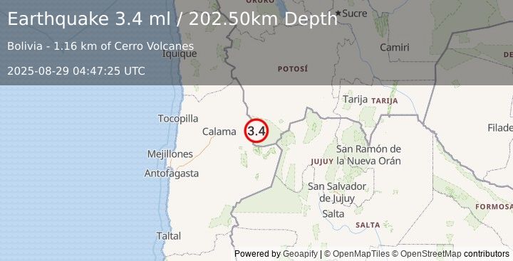 Earthquake POTOSI, BOLIVIA (3.4 ml) (2025-08-29 04:47:25 UTC)