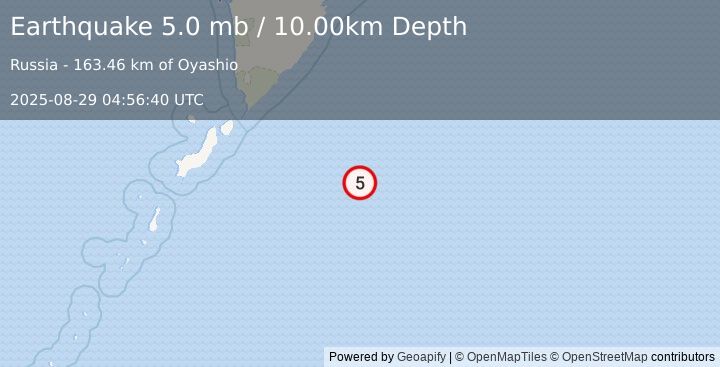 Earthquake EAST OF KURIL ISLANDS (5.0 mb) (2025-08-29 04:56:44 UTC)