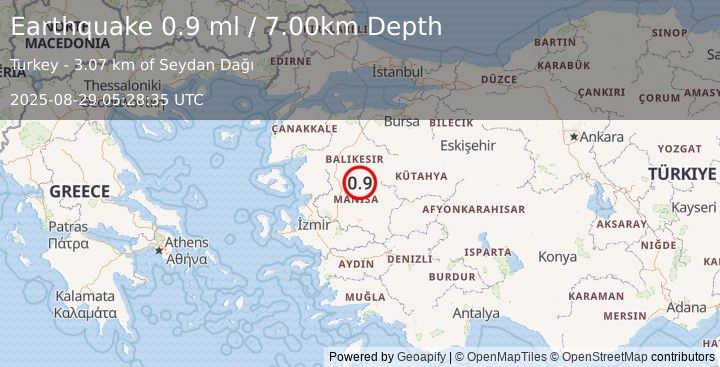 Earthquake WESTERN TURKEY (0.9 ml) (2025-08-29 05:28:35 UTC)