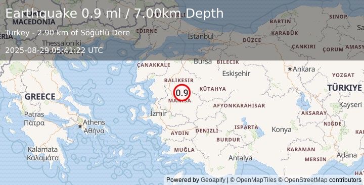Earthquake WESTERN TURKEY (0.9 ml) (2025-08-29 05:41:22 UTC)