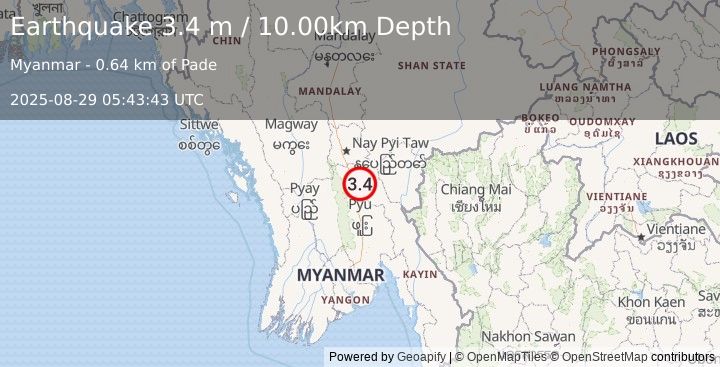 Earthquake MYANMAR (3.4 m) (2025-08-29 05:43:43 UTC)