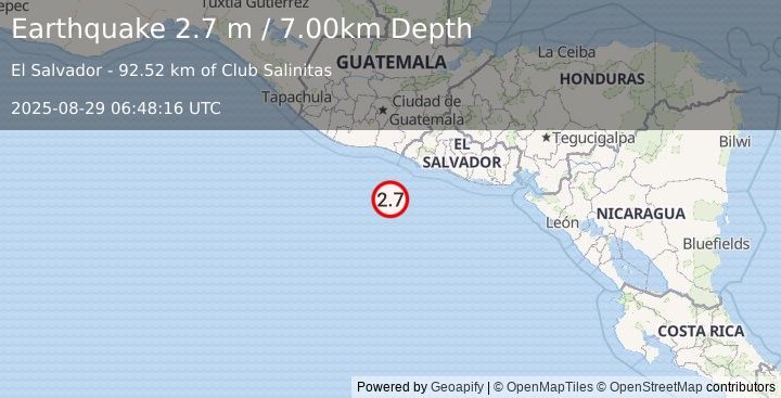 Earthquake OFFSHORE EL SALVADOR (2.7 m) (2025-08-29 06:48:16 UTC)