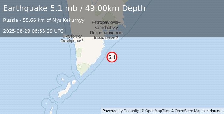 Earthquake OFF EAST COAST OF KAMCHATKA (4.9 mb) (2025-08-29 06:53:22 UTC)