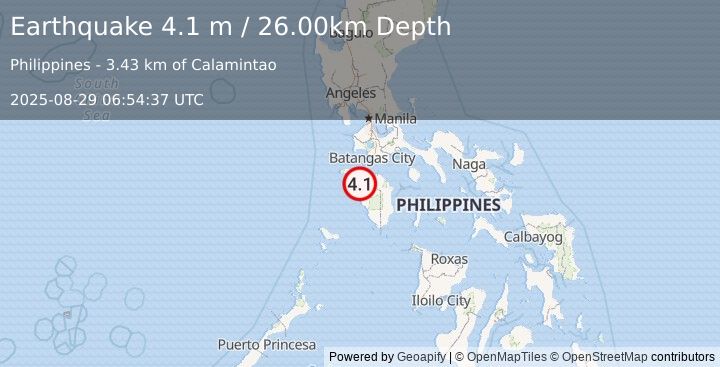 Earthquake MINDORO, PHILIPPINES (4.1 m) (2025-08-29 06:54:37 UTC)