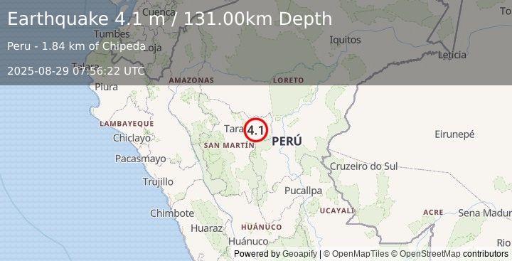 Earthquake NORTHERN PERU (4.1 m) (2025-08-29 07:56:22 UTC)