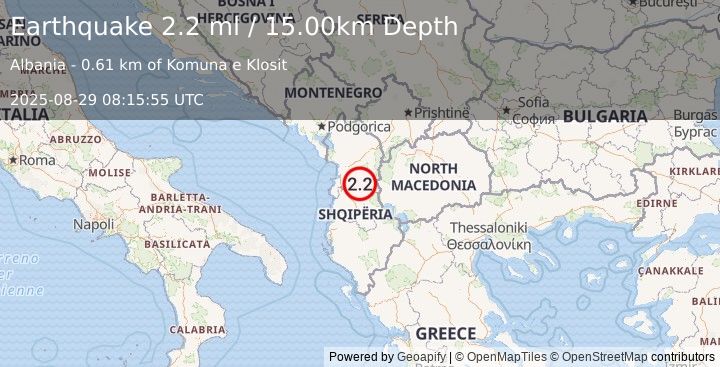 Earthquake ALBANIA (2.2 ml) (2025-08-29 08:15:55 UTC)