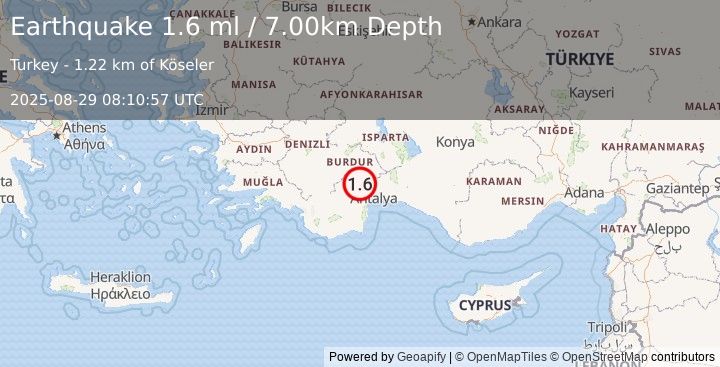 Earthquake WESTERN TURKEY (1.6 ml) (2025-08-29 08:10:57 UTC)