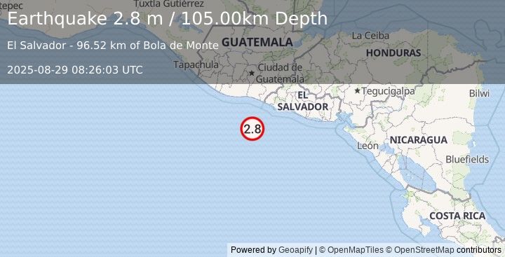 Earthquake OFFSHORE EL SALVADOR (2.7 m) (2025-08-29 08:26:06 UTC)